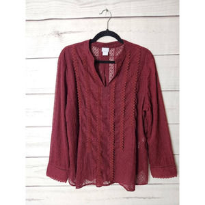 Chicos Womens Peasant Blouse Red Long Sleeve V Neck 3 (16/18)